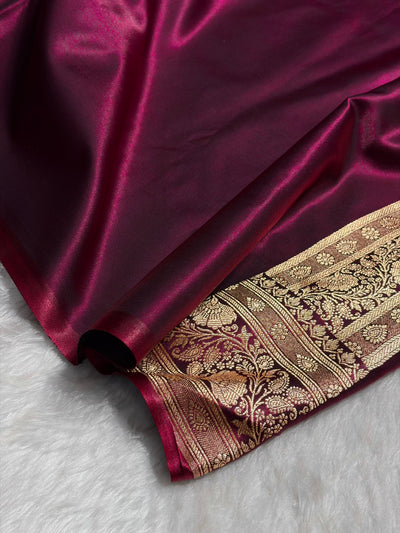 Banarasi Satin Silk Saree With Gotta Patti Floral Boota in Wine Shades SSGP26