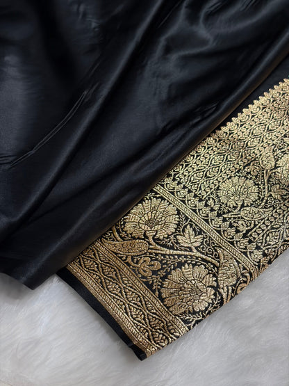 Black Floral Boota Pattern Satin Katan Silk Saree SK72