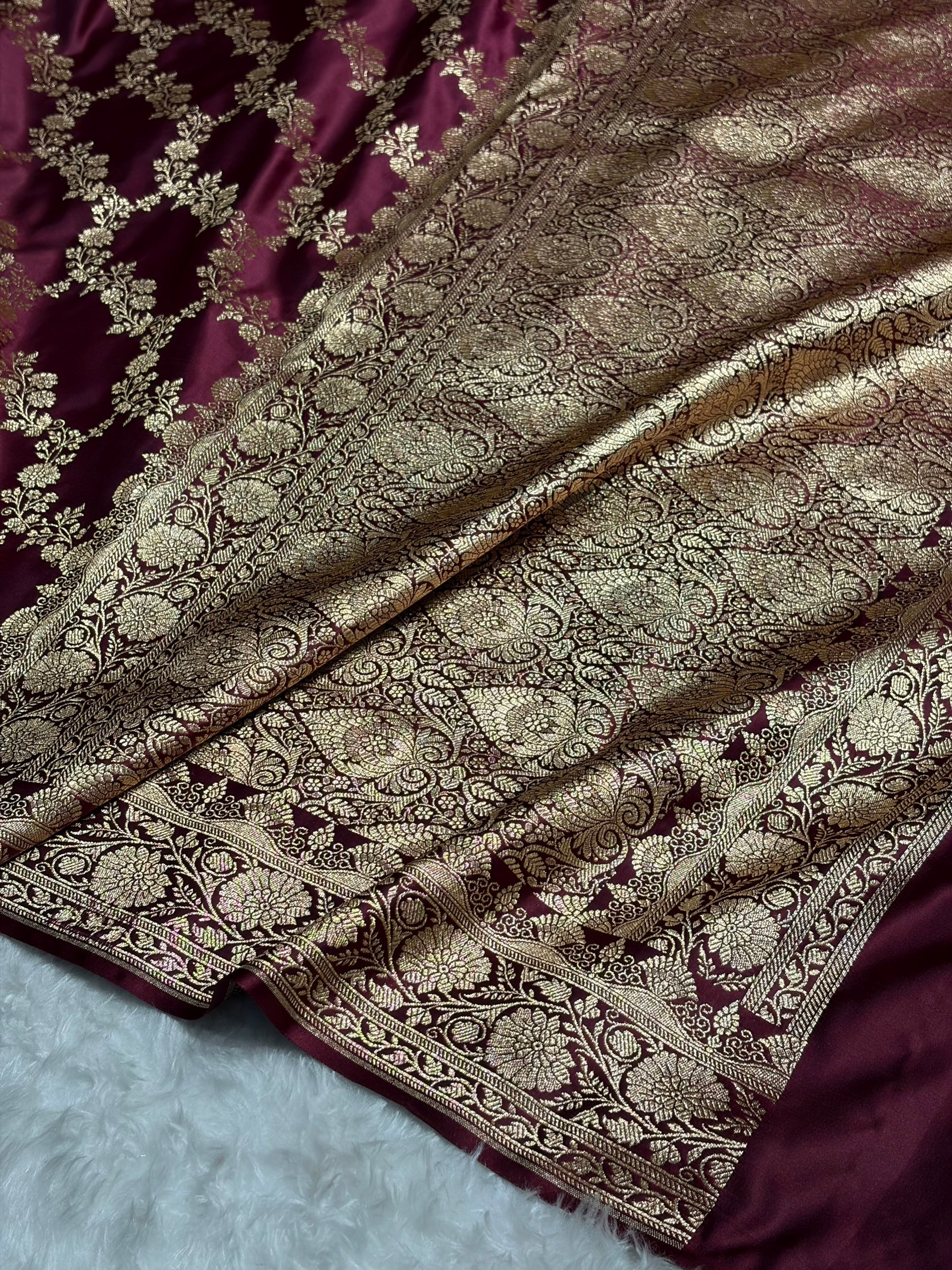 Chocolate Shade Floral Jaal Pattern Satin Katan Silk Saree SK43