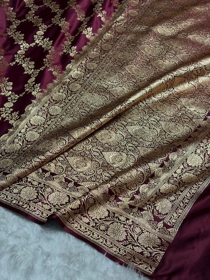 Chocolate Shade Floral Jaal Pattern Satin Katan Silk Saree SK43