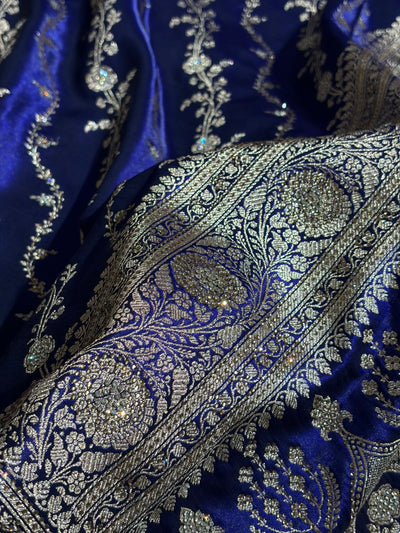 Satin Silk Cross Pattern With Swarovski Work in Royal Blue Shades BSS37