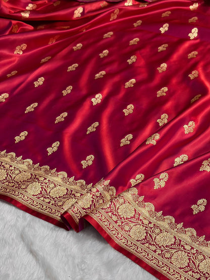 Reddish Magenta Shades Floral Booti Motif Satin Katan Silk saree SK61