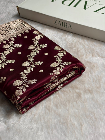 Garnet Cross & Booti Banarasi Katan Silk Saree SK24
