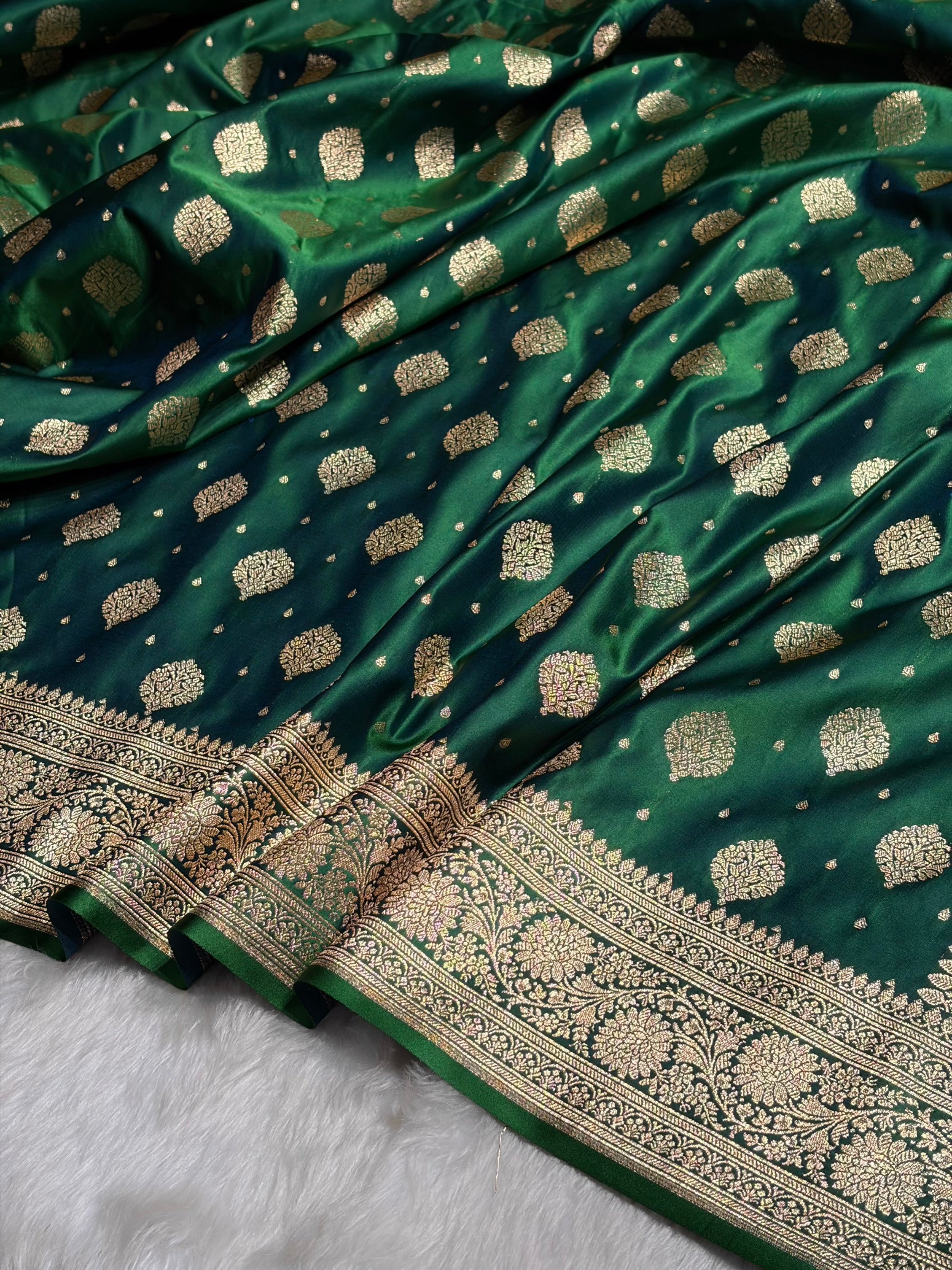 Cross Green Unique Boota Pattern Satin Katan Silk Saree SK69