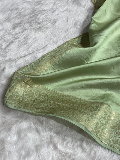 Banarasi Sage Green Shade Flower Minakari Brocade Pure Caramel Mango Silk Saree CS-20