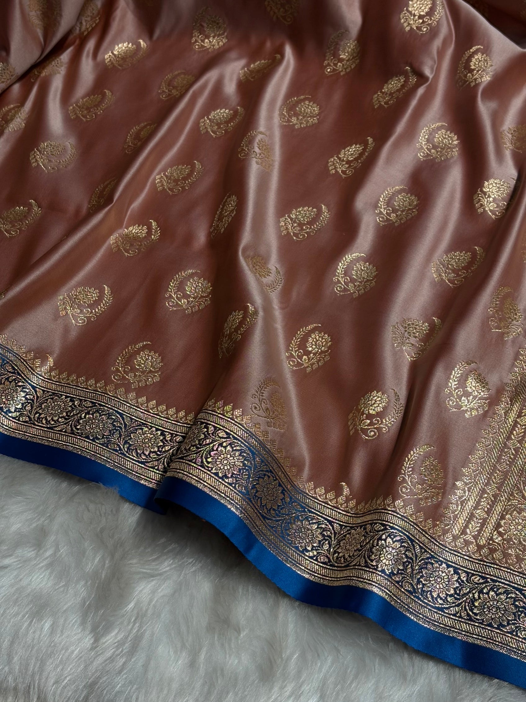 Pista with Blue Floral Boota Satin Katan Silk saree SK27