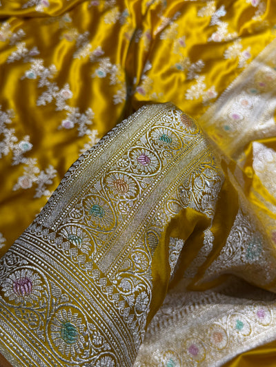 Mustard Minakari Banarasi Cross With Browm edges Mashru Silk Saree MCS01