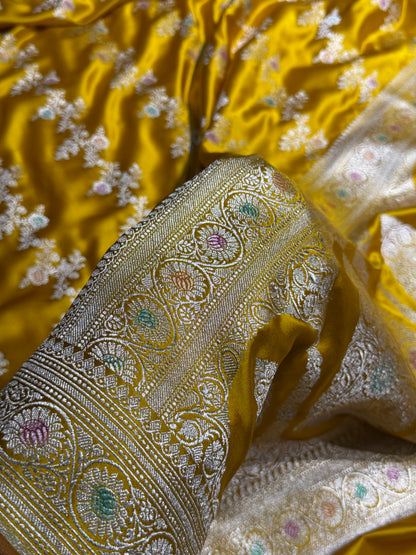 Mustard Minakari Banarasi Cross With Browm edges Mashru Silk Saree MS01