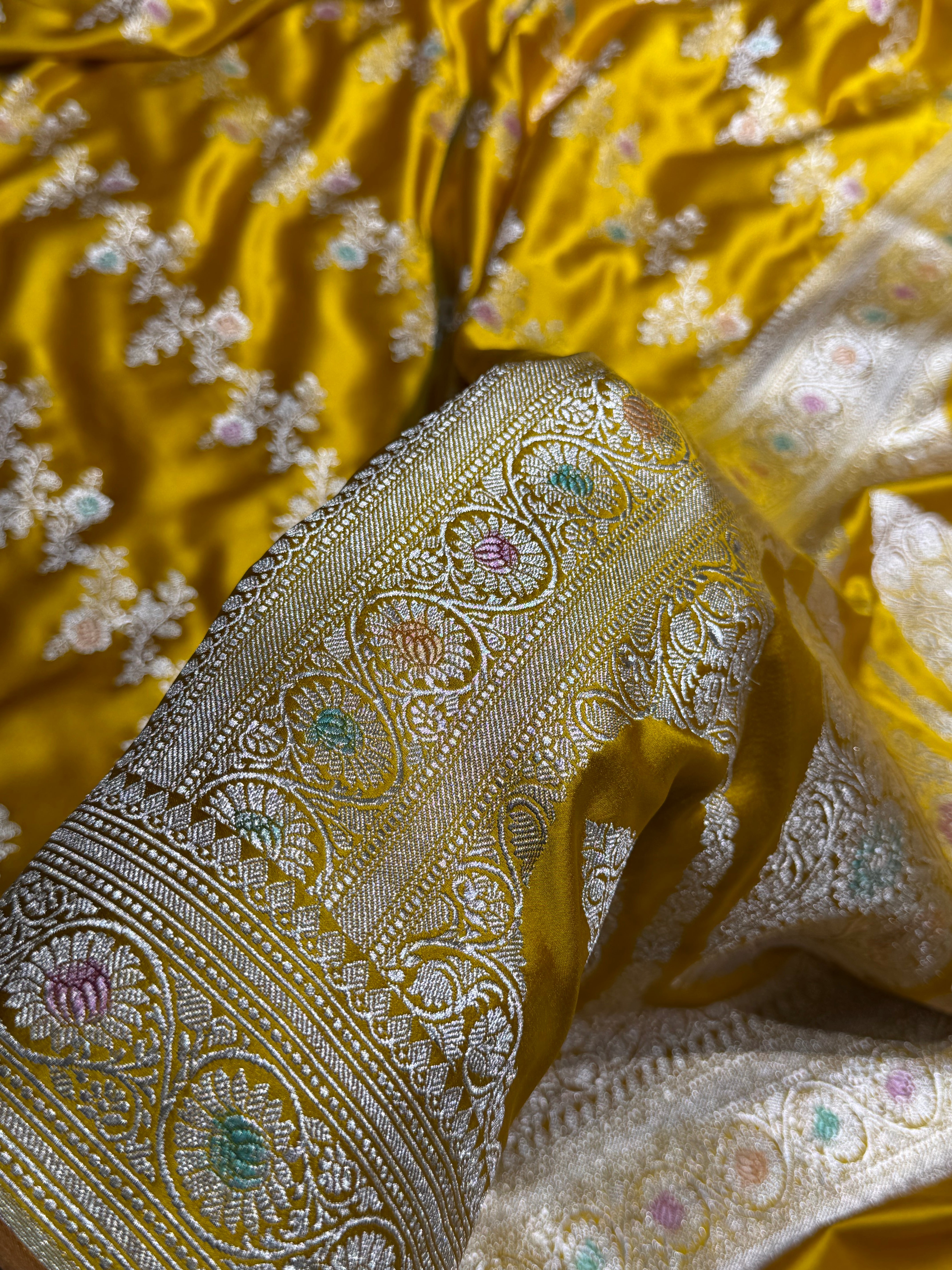 Mustard Minakari Banarasi Cross With Browm edges Mashru Silk Saree MS01