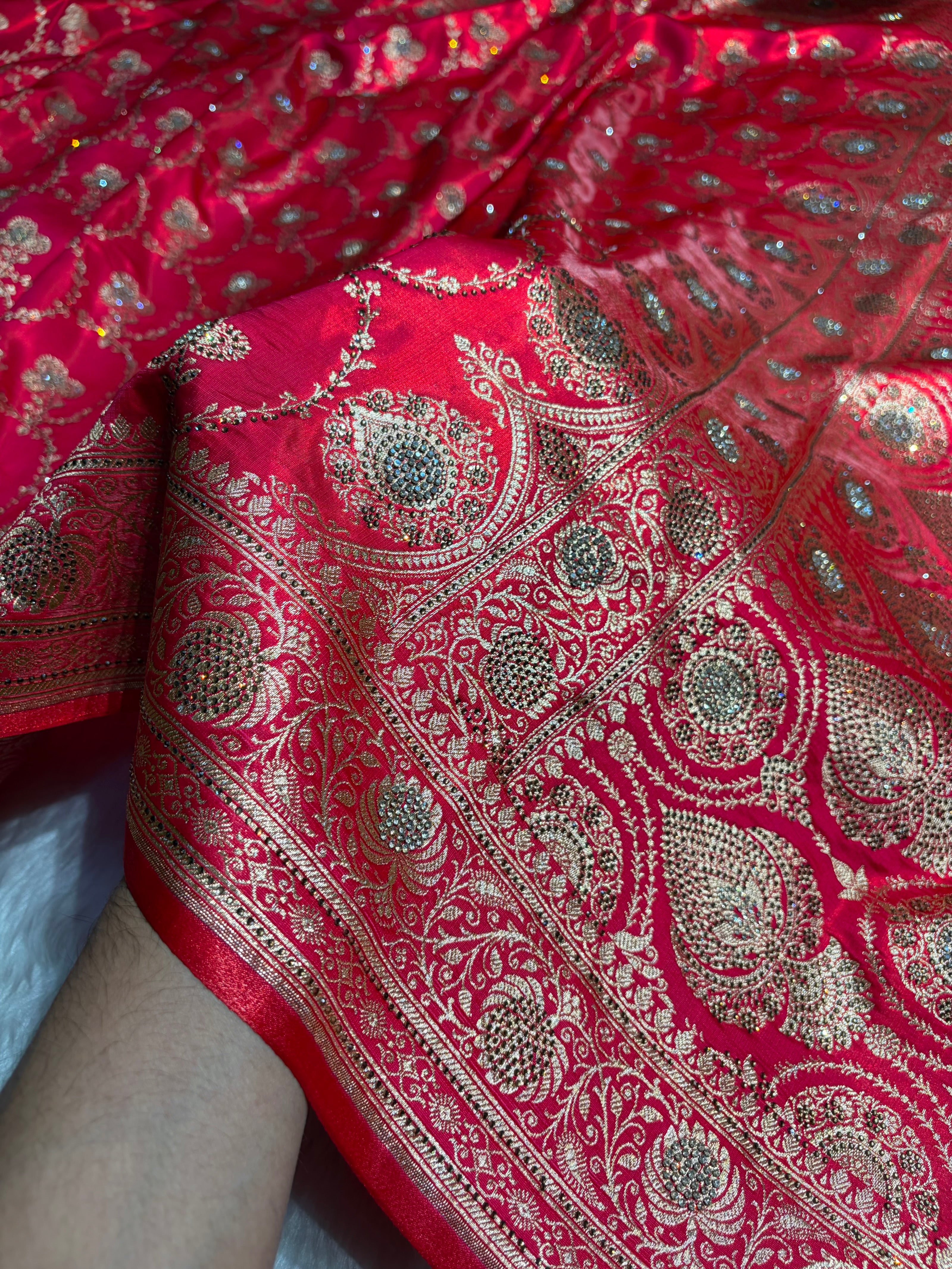 Satin Silk Saree Jaal in Pinkish Red Shades With Swarovski Work BSS23