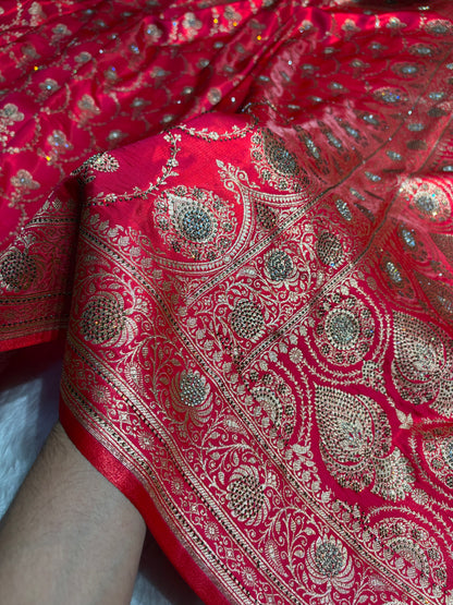 Satin Silk Saree Jaal in Pinkish Red Shades With Swarovski Work BSS23