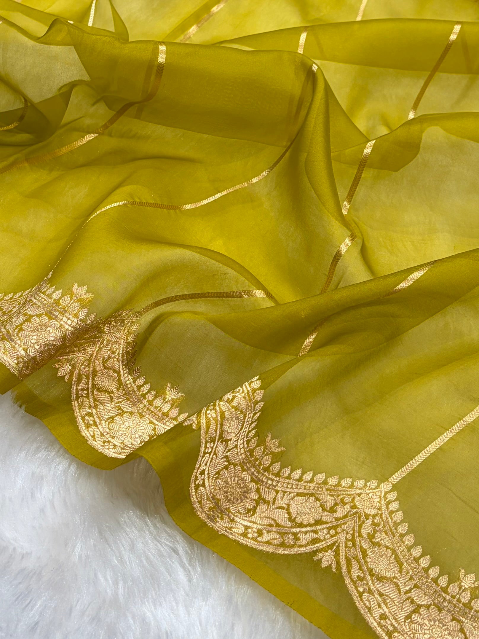 Banarasi Pure Organza Mehendi Green Shades With Scallop Stripe Banarasi Silk Saree PO-32