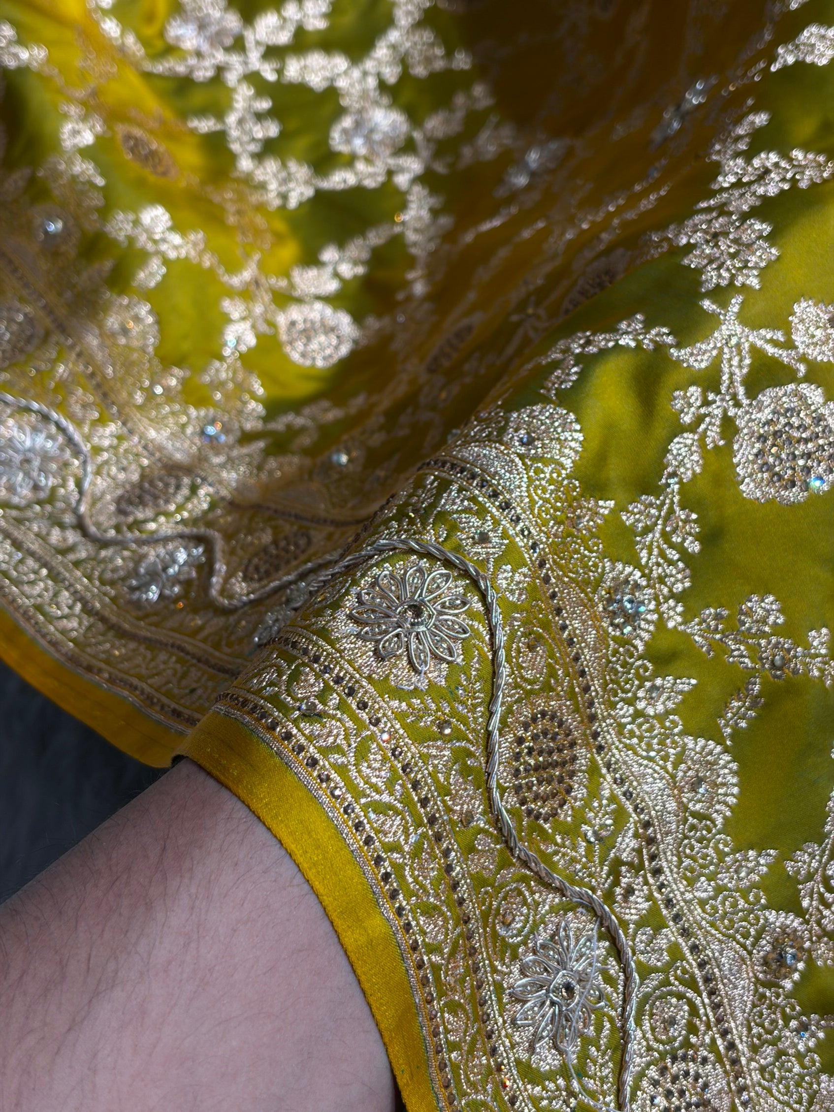 Mustard Shades Jaal Floral Pattern With Zardozi And Swarovski Stone Work Satin Katan Silk Saree BSK80