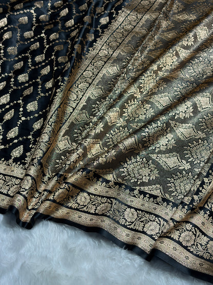 Black Floral Jaal Pattern Satin Katan Silk saree SK42
