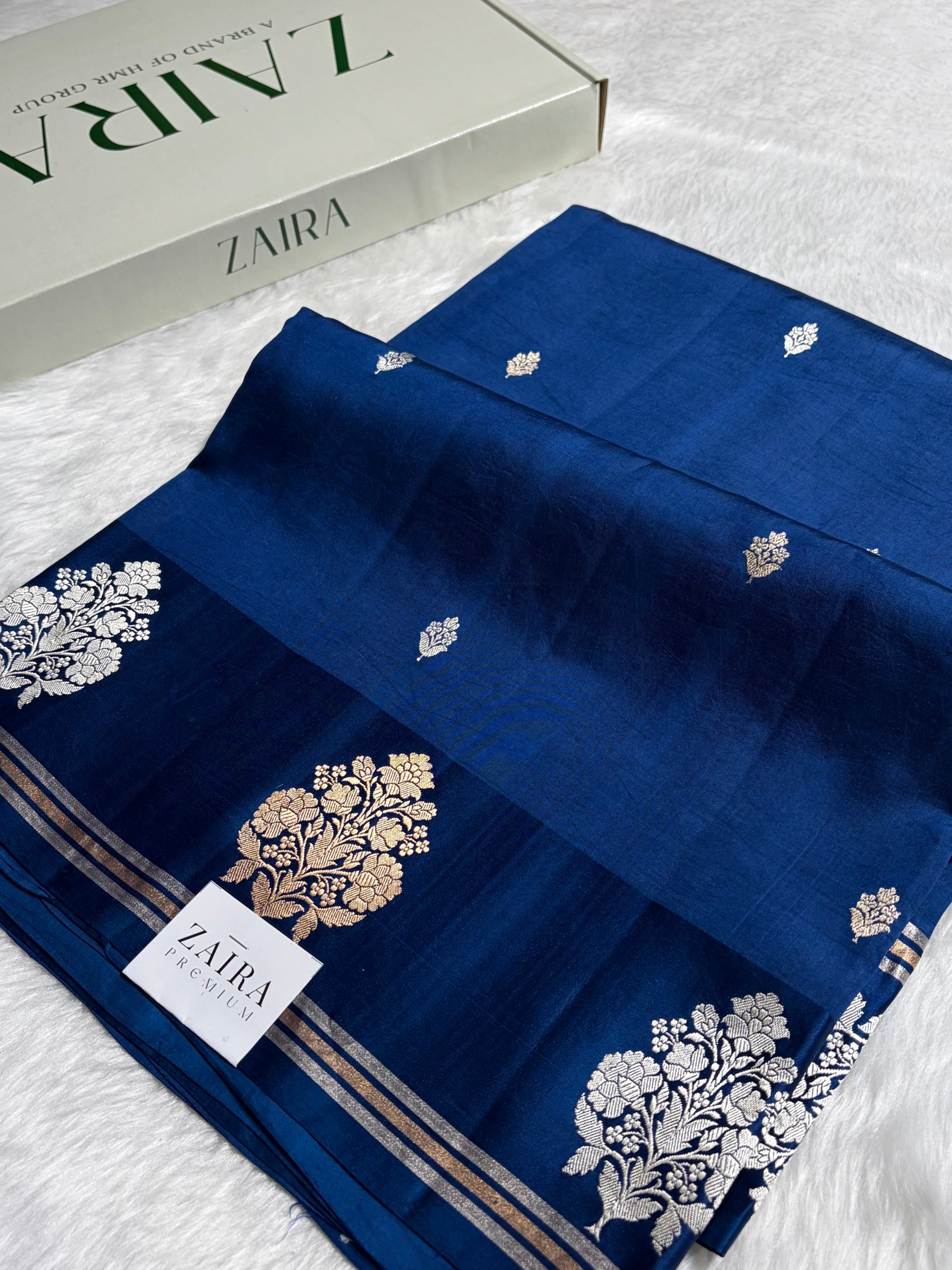 Royal Blue Shades Meena Boota Handwoven Pure Katan Raw Mango Silk RM-01