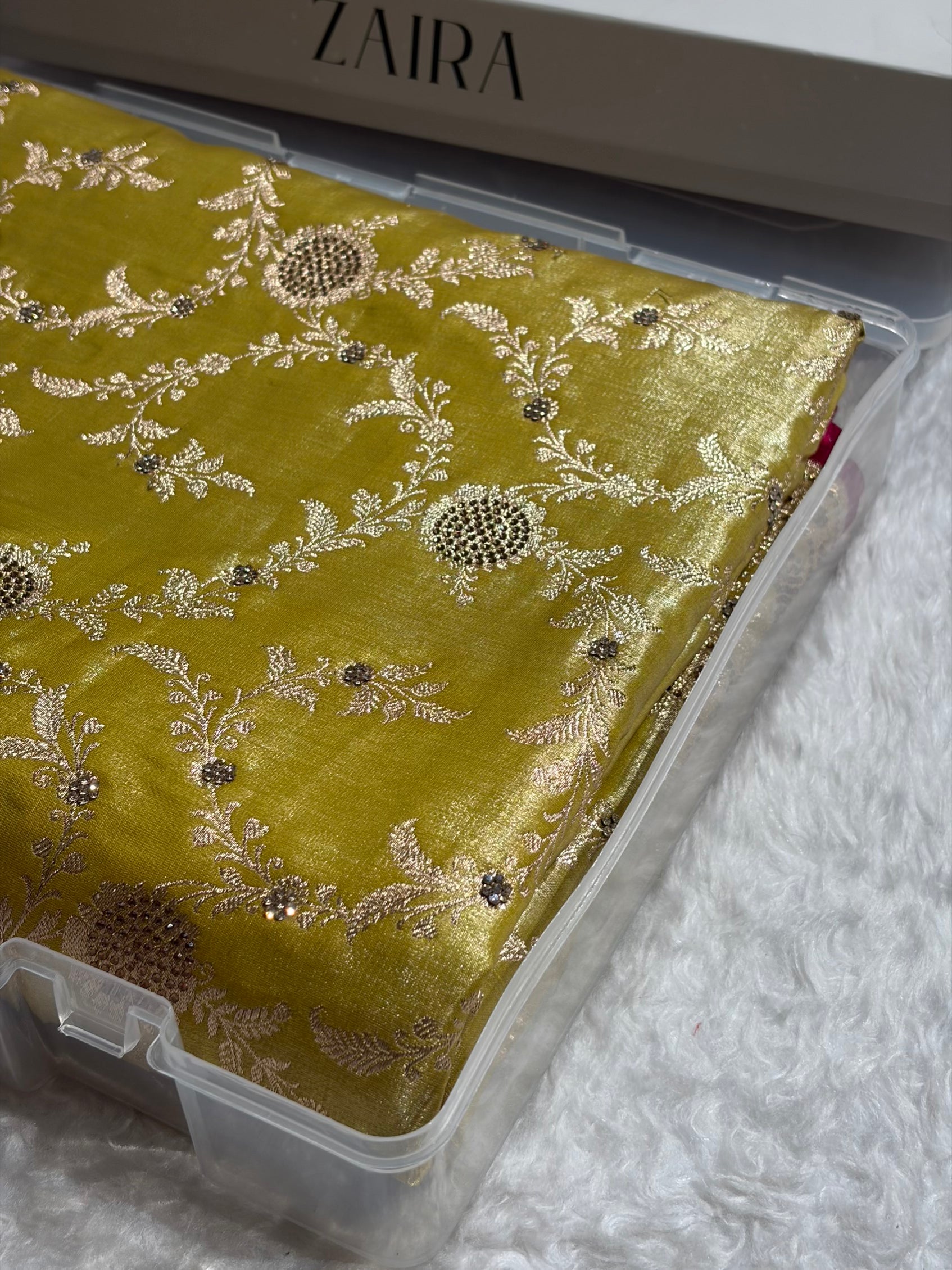 Light Weight Lemon Pista Satin Silk Saree with Swarovski work BSS14