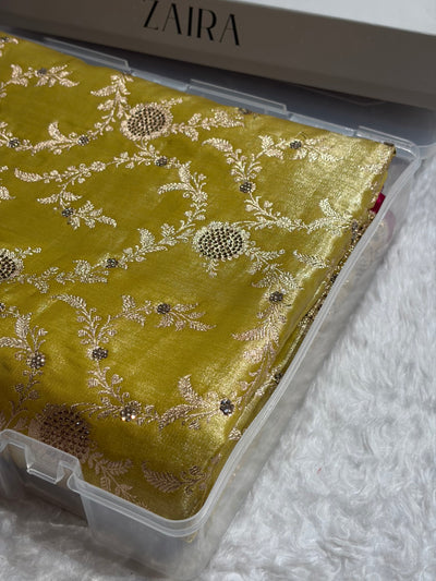 Light Weight Lemon Pista Satin Silk Saree with Swarovski work BSS14
