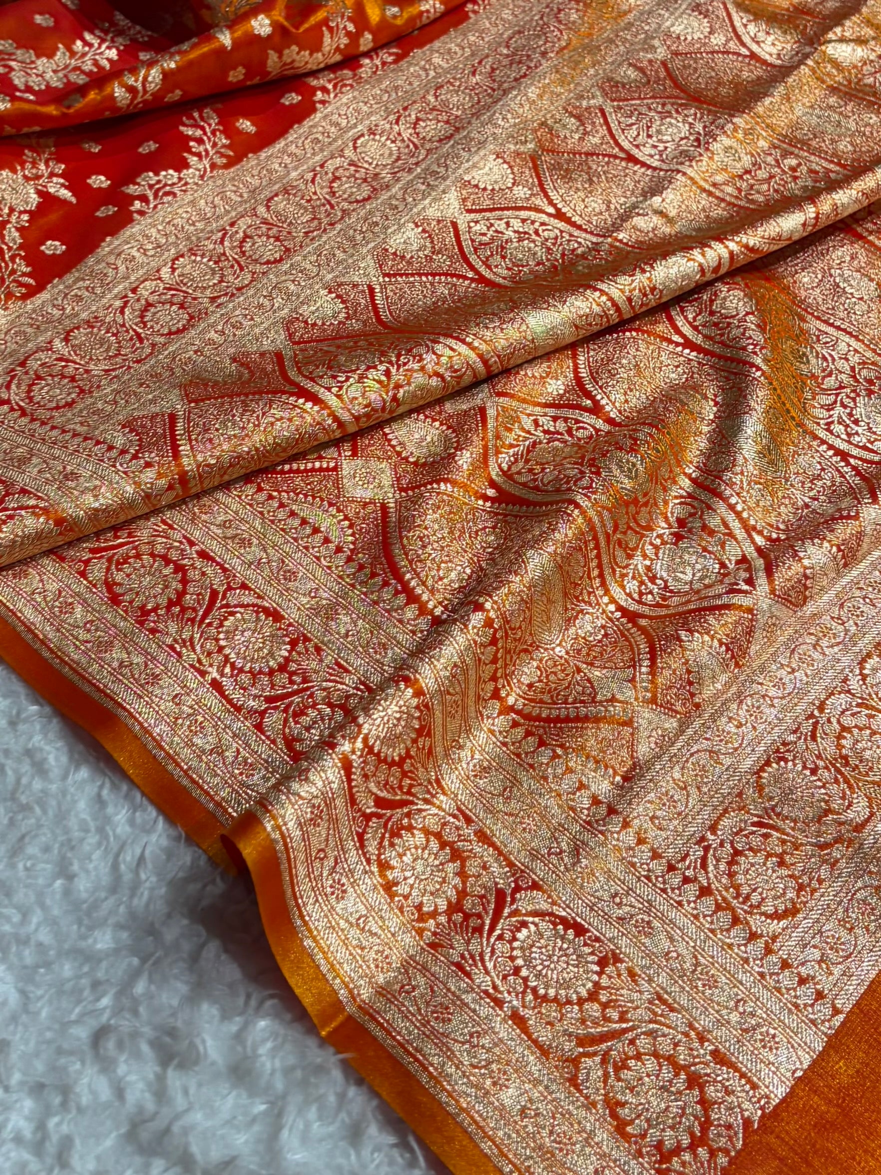 Satin Silk Saree Cross with Booti in Fire Gold Shades SS24