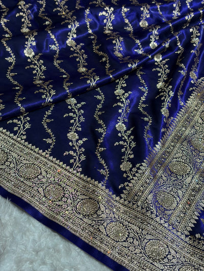Satin Silk Cross Pattern With Swarovski Work in Royal Blue Shades BSS37