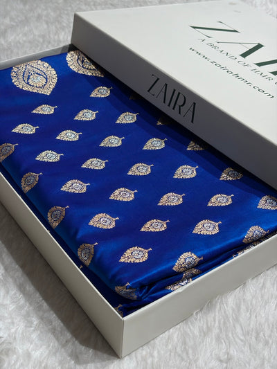 Banarasi Cross Royal Blue Shades Minakari Booti Pattern Banarasi Satin Silk Saree SS60