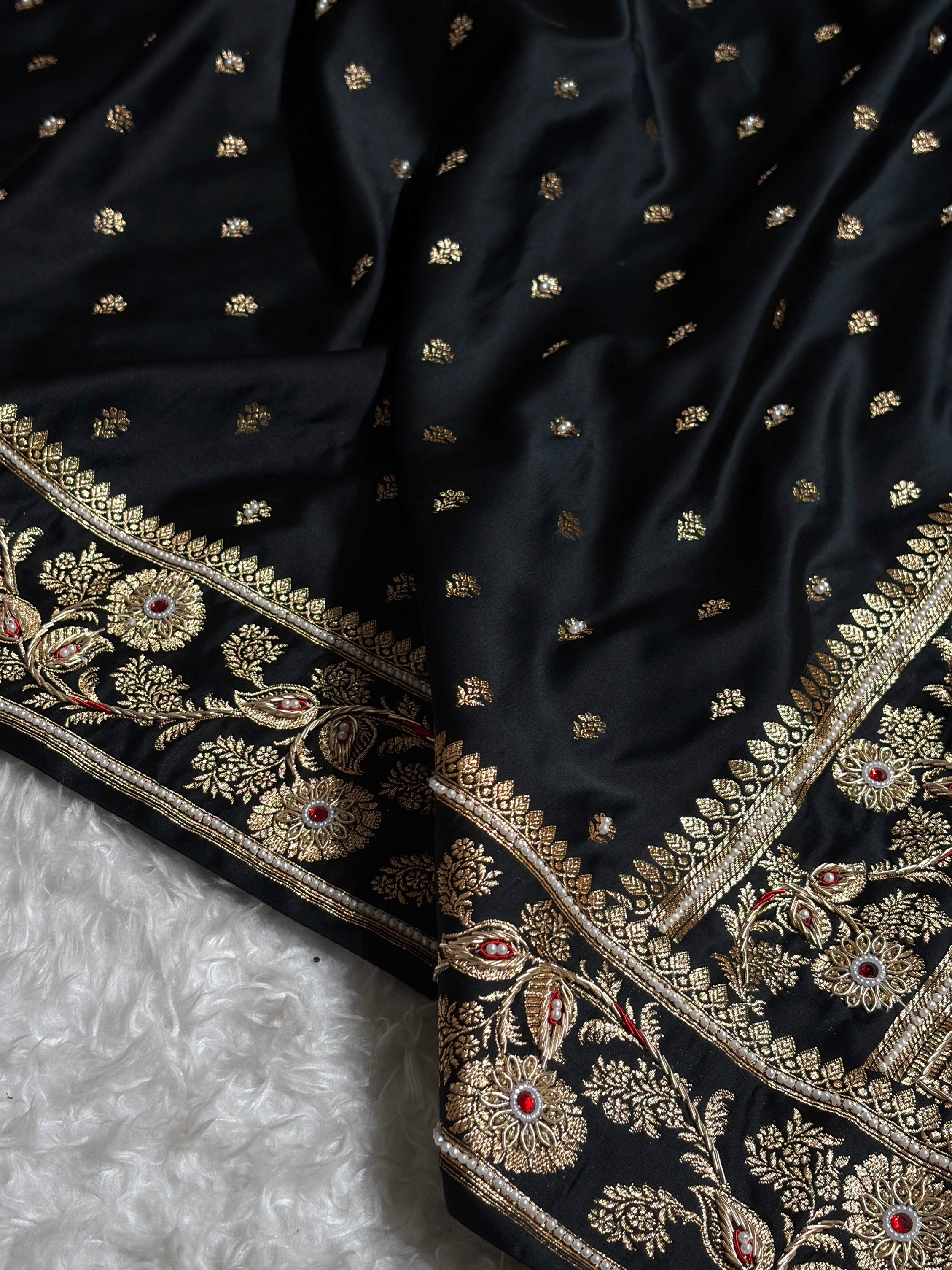 Black Floral Pattern With Aari Zardozi Moti Work Satin Katan Silk Saree BSK77