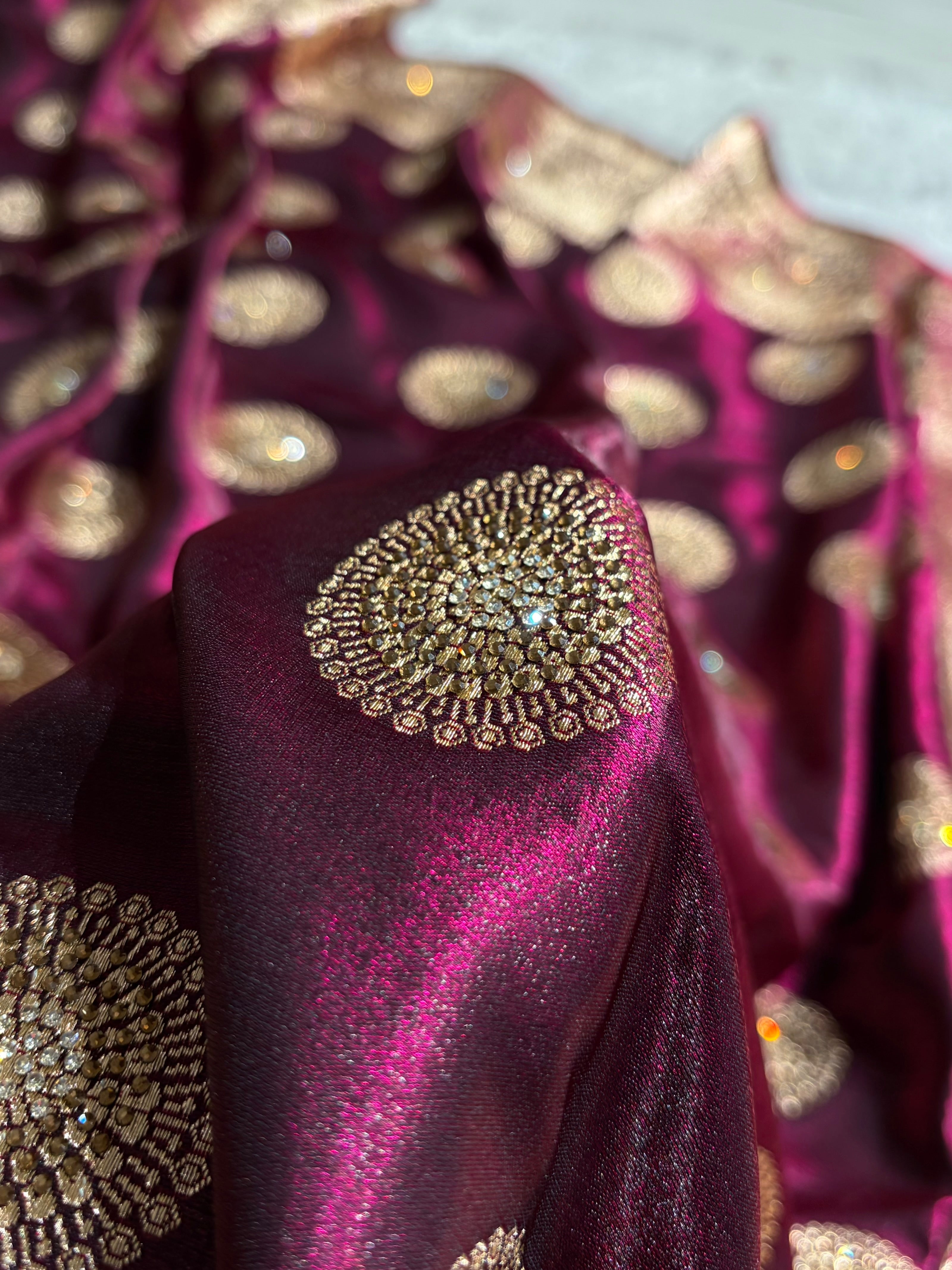 Wine Shades Banarasi With Swarovski Stone Work Satin Silk Saree BSS33