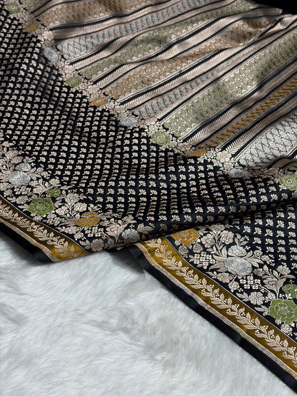 Dark Navy Blue Shades Floral Minakari Skirt Border Mashru Silk Saree MSM-83