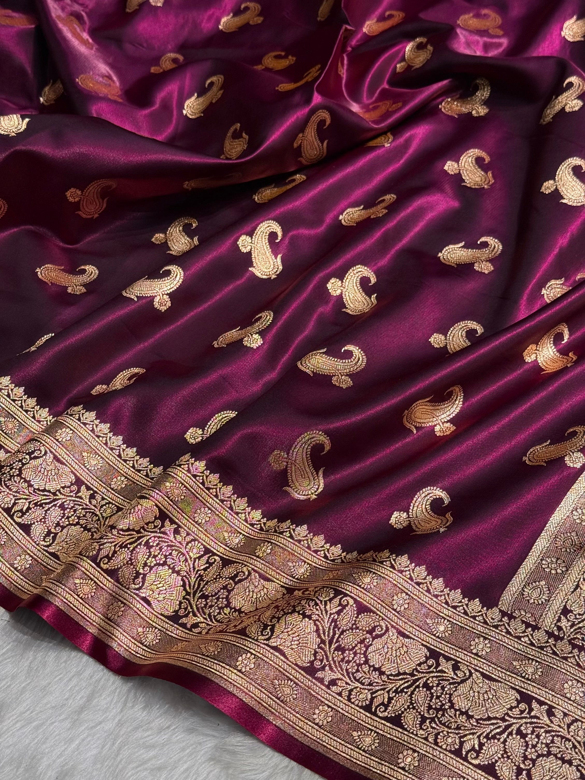 Satin Silk Saree Floral Boota in Wine Shades SS27