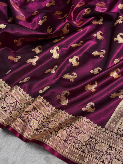 Satin Silk Saree Floral Boota in Wine Shades SS27
