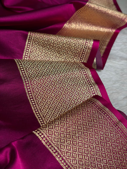 Wine Banarasi Ghat Pattern Satin Katan Silk saree SK33