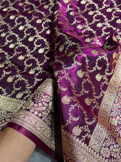 Wine Shades Jaal Pattern Banarasi Satin Silk Saree SS43