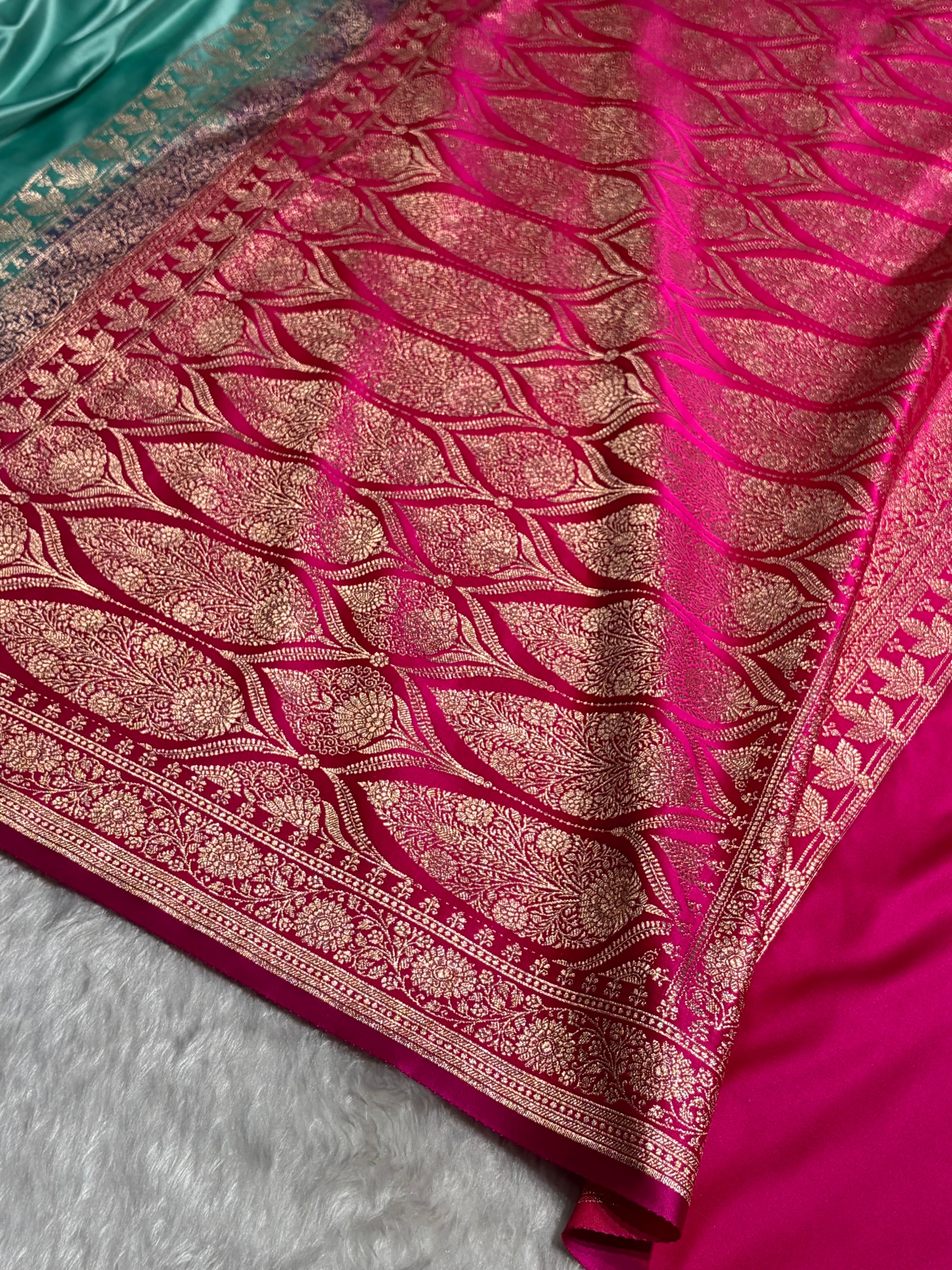 Banarasi Satin Katan Saree in Contrast Sea Green / Wine Shades SK131