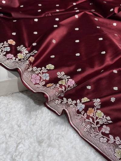 Garnet Shades Minakari Floral Border Booti Mashru Silk Saree MCS75