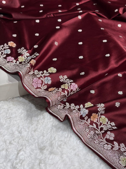 Garnet Shades Minakari Floral Border Booti Mashru Silk Saree MS75