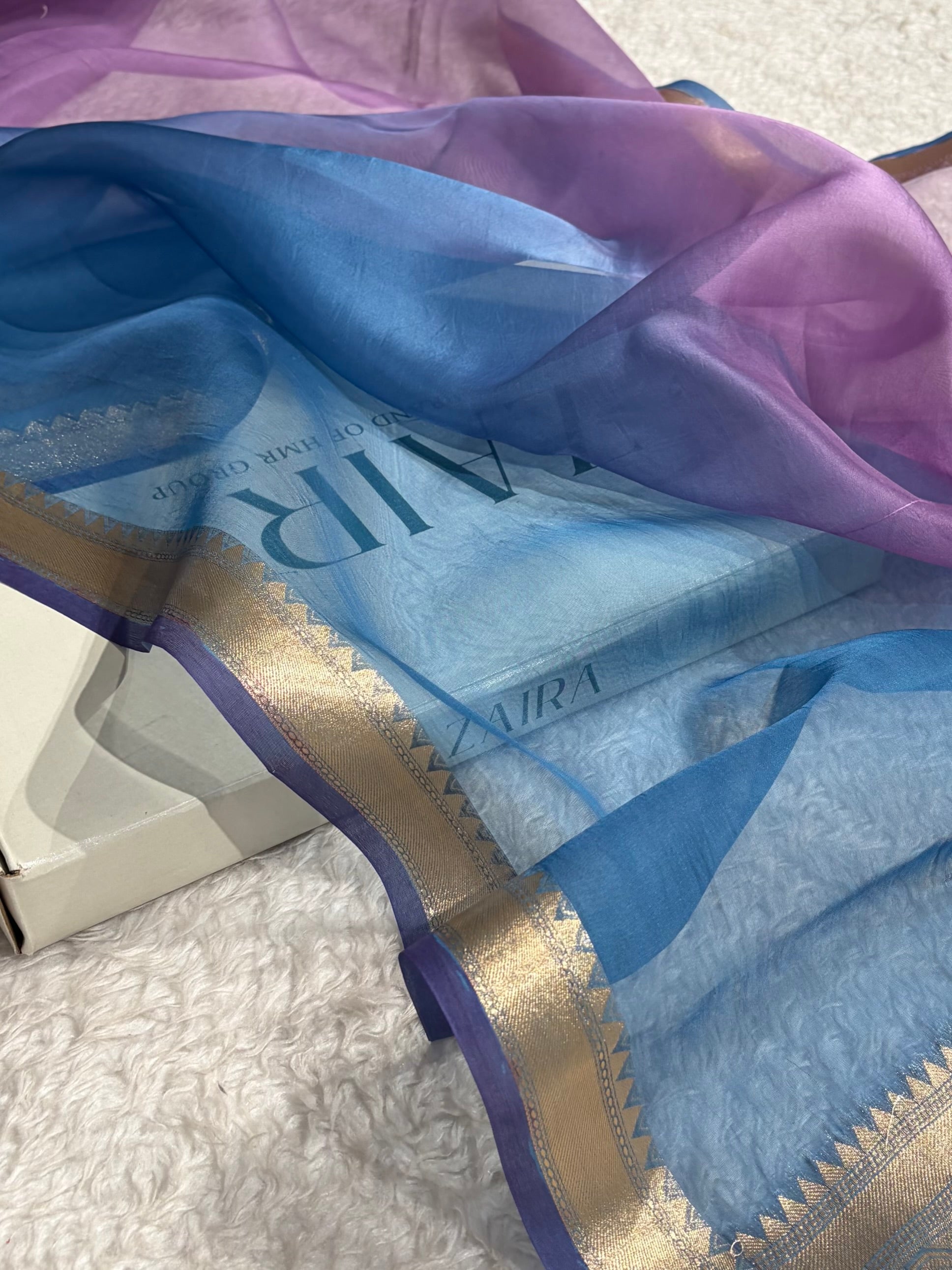 Ombre Firozi With Lavender Pure Organza  Banarasi Silk Saree PO-01