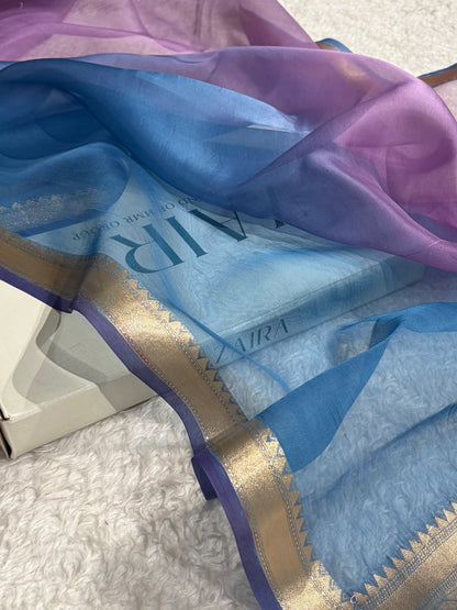 Ombre Firozi With Lavender Pure Organza  Banarasi Silk Saree PO-01