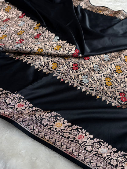Black Shades Banarasi Minakari Boota Skirt Pattern Floral Mashru Silk Saree MSM-116