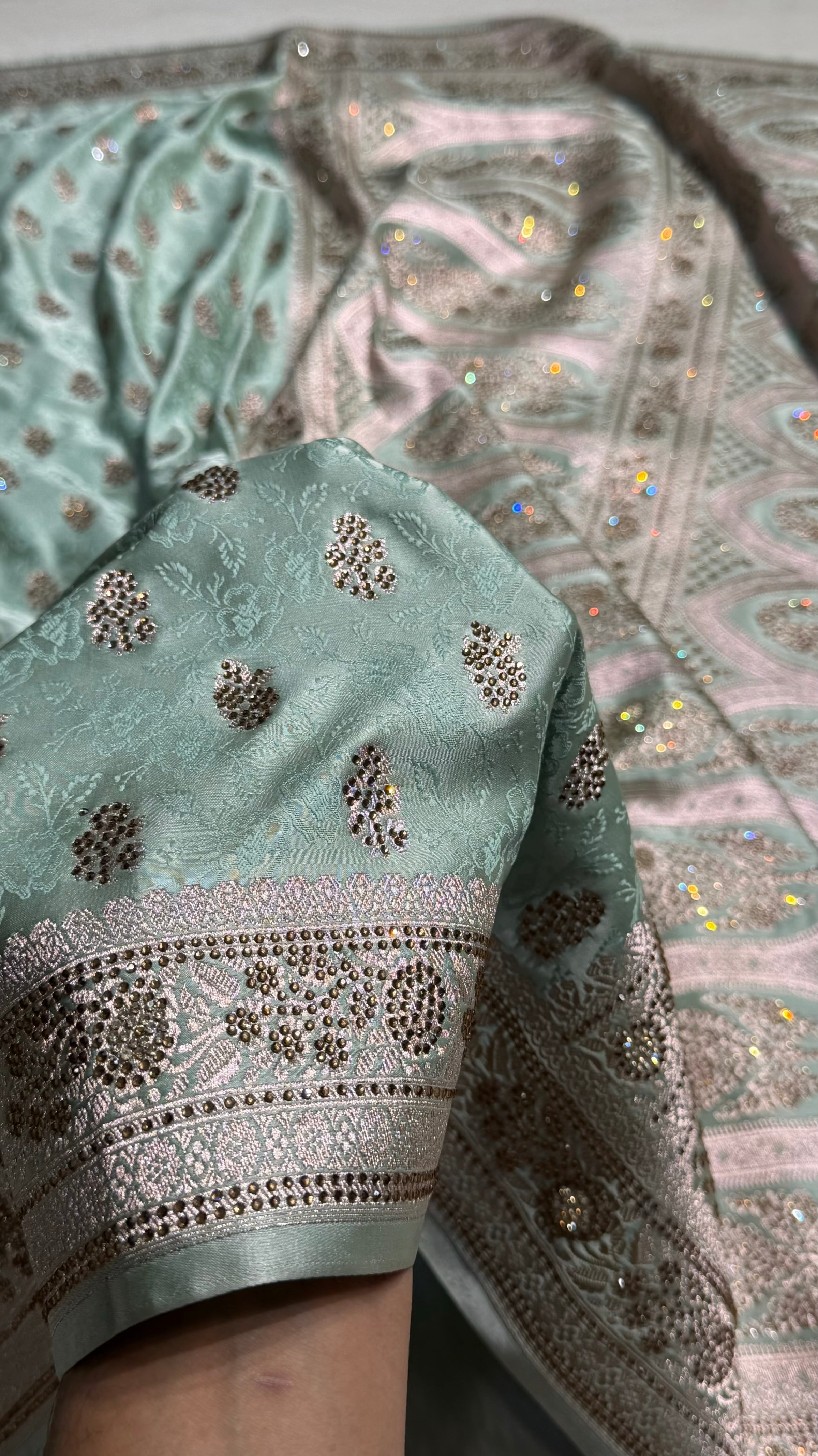 Sea Green Shades Tanchoi Motif With Swarovski Work Mashru Silk Saree BMST-10