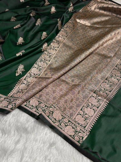 Dark Bottle Green  Boota With Floral Border Mashru Silk Saree MSM-89
