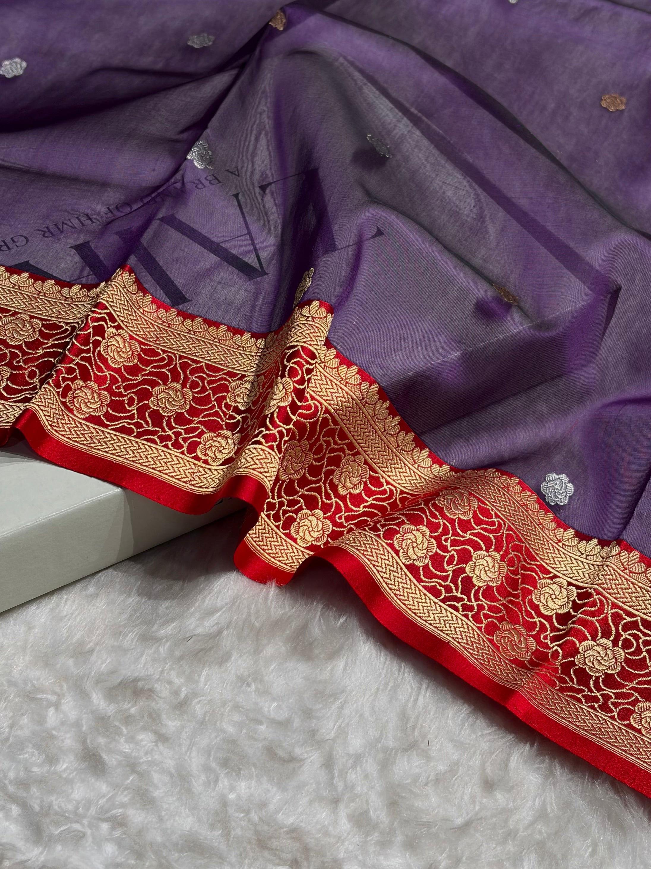 Contrast Banarasi Pure Organza Purple With Red Floral Banarasi Silk Saree PO-10