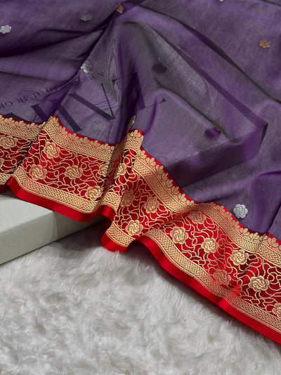 Contrast Banarasi Pure Organza Purple With Red Floral Banarasi Silk Saree PO-10