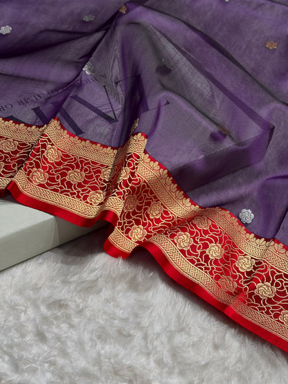 Contrast Banarasi Pure Organza Purple With Red Floral Banarasi Silk Saree PO-10