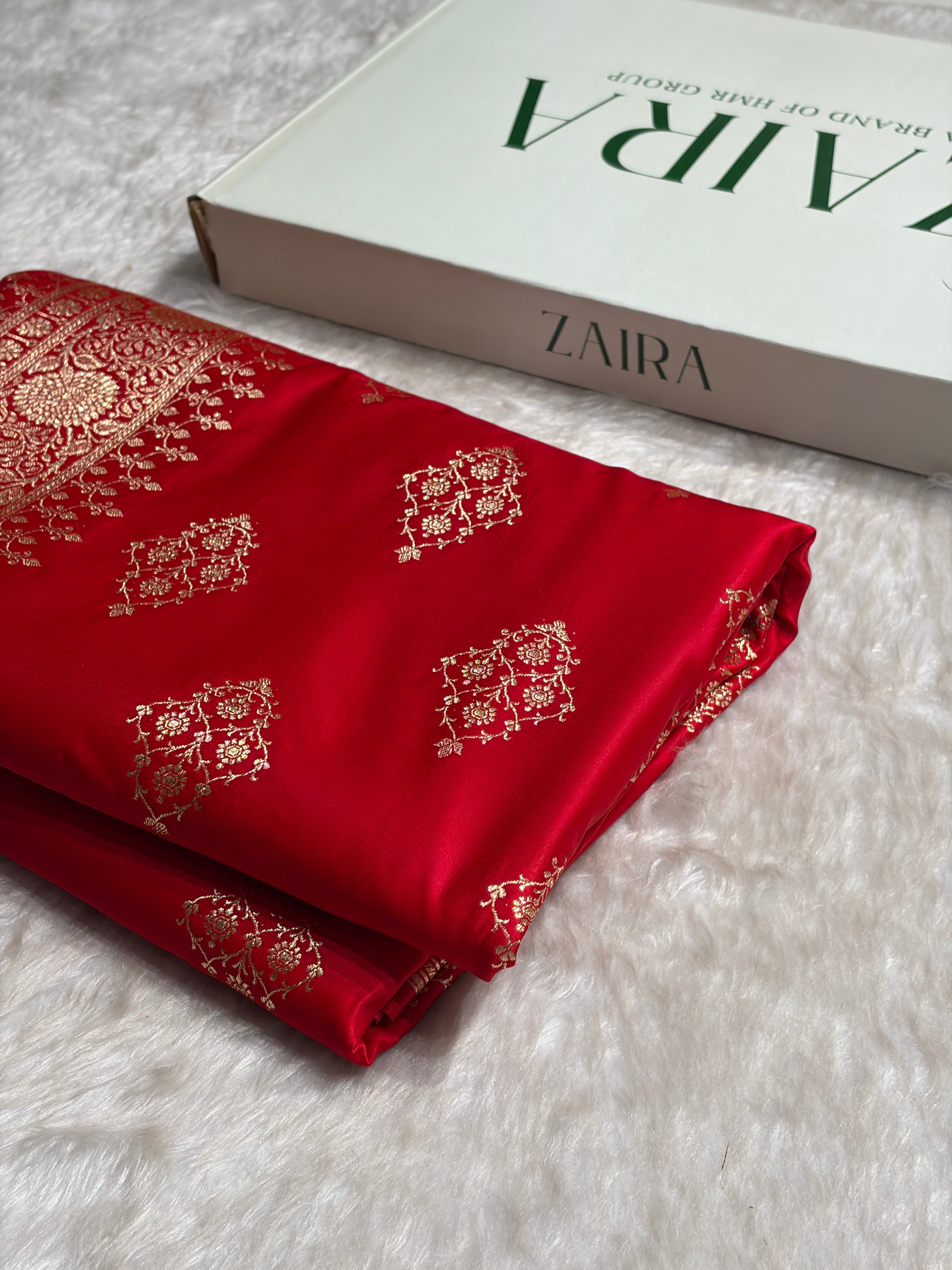 Red Floral Boota Satin Katan Silk saree SK35