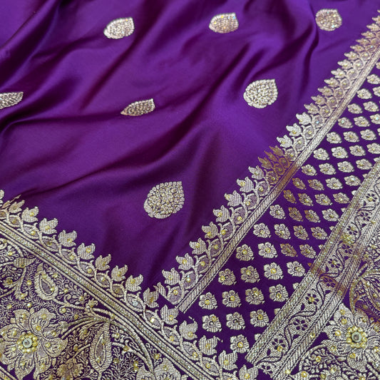 Wine Boota Satin Katan Silk Saree with Swarovski Work