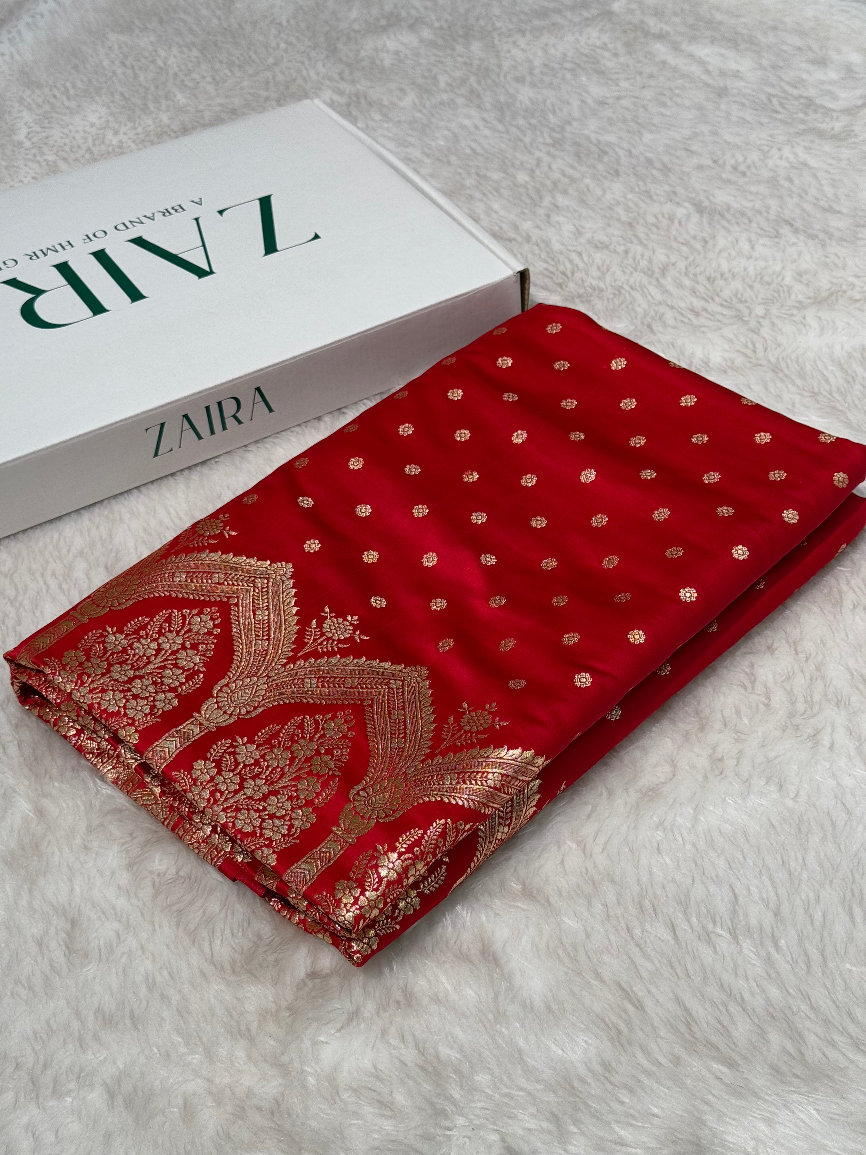 Bridal Red Katan Silk Saree In Booti motif