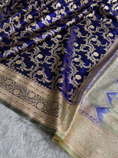 Royal Blue Contrast Beige Shades Jaal Pattern Banarasi Satin Silk Saree SS47
