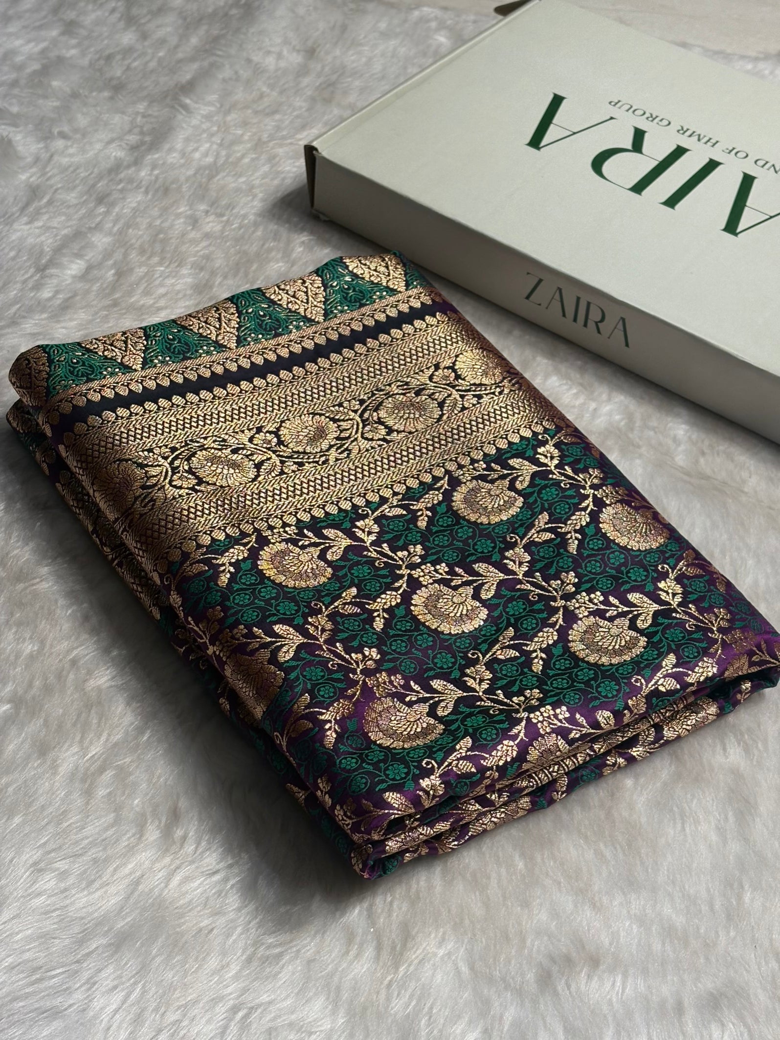Purple With Green Tanchoi Satin Katan Silk Saree SKTM-05