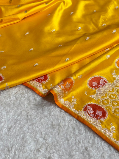 Banarasi Yellow Shades With Minakari Floral Mashru Silk Saree MCS91