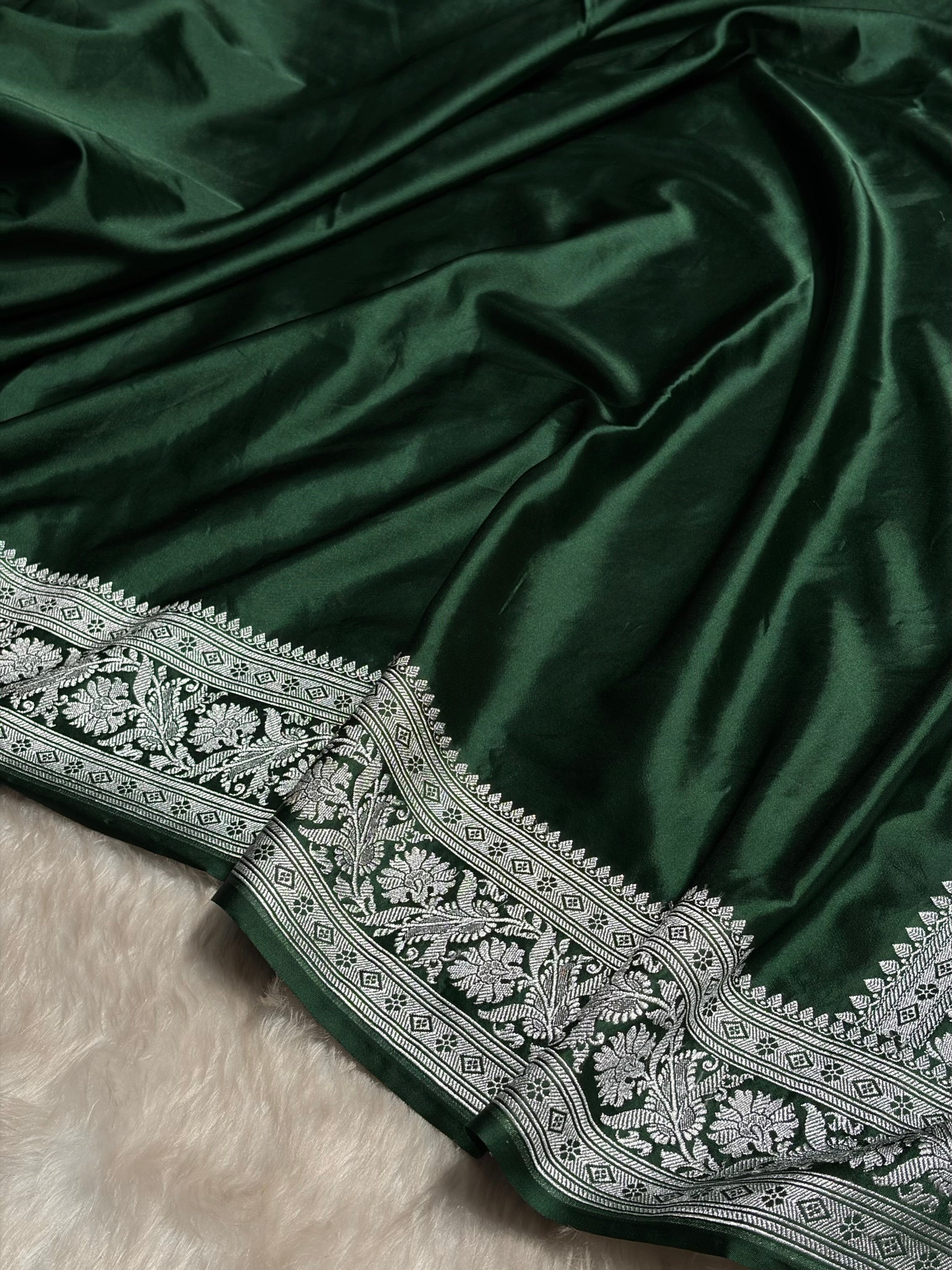 Dark Bottle Green Plain Mashru Silk Saree MS22