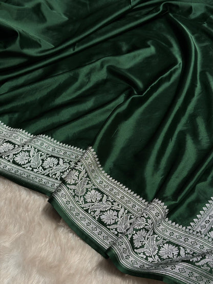 Dark Bottle Green Plain Mashru Silk Saree MS22
